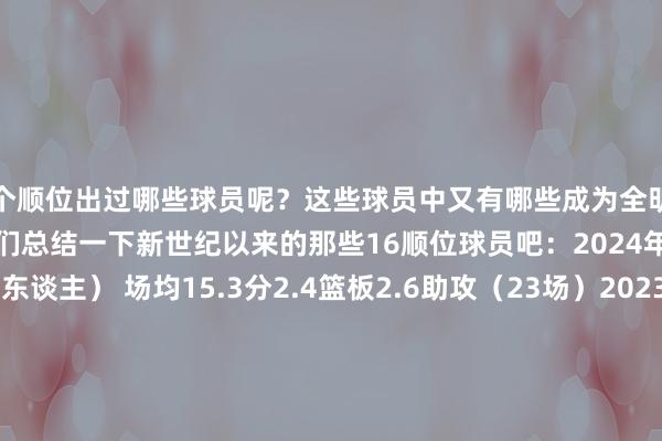 这个顺位出过哪些球员呢？这些球员中又有哪些成为全明星级别呢？今天老震就带吧友们总结一下新世纪以来的那些16顺位球员吧：2024年 贾里德-麦凯恩（76东谈主） 场均15.3分2.4篮板2.6助攻（23场）2023年 基昂特-乔治（爵士） 场均14.8分3.3篮板5.0助攻（142场）2022年 AJ-格里芬（老鹰）场均7.5分1.9篮板0.8助攻（92场）2021年 申京（火箭） 场均16.0分8